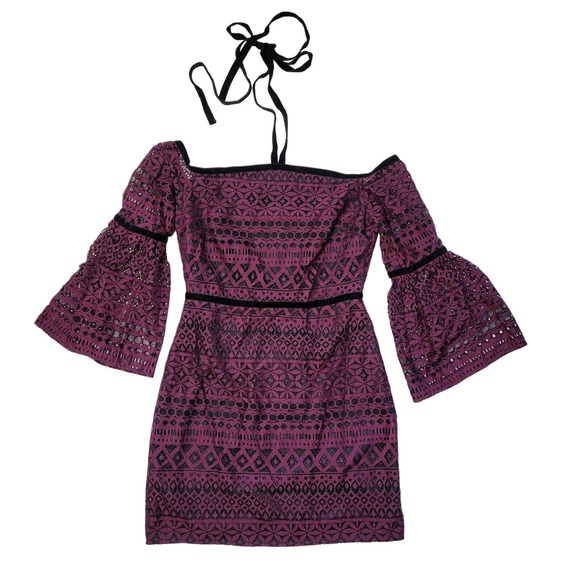 Likely Kakki Purple Off The Shoulder Halter Tie Micro Mini Dress Size 4 NWT - Picture 2 of 16